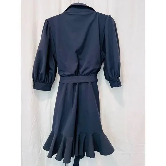 Cinq à Sept Women's Navy Vickie Puff-Sleeve Ruffled Mini Wrap Dress Size 10 NWOT - Picture 7 of 10